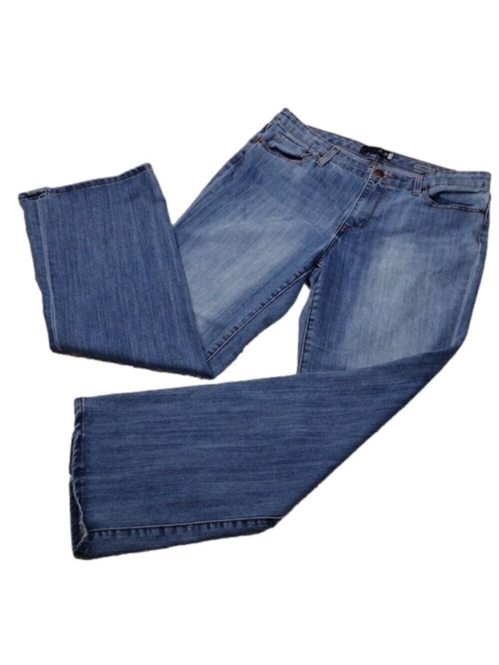 Seven7 Studio Blue Medium Wash Embroidered Five Pocket High Rise Flare Leg Jean